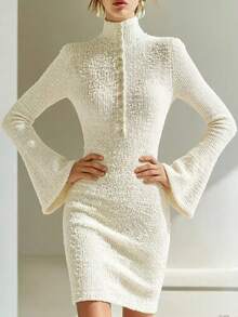 Balvessa Solid Color Stand Collar Flared Sleeve Fitted Knit Dress - White - View 4