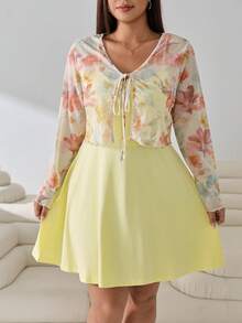 Solflare Conjunto de 2 piezas para mujer talla grande, vestido camisola de color liso y cárdigan con estampado floral, estilo casual, elegante, lindo y de hada, para uso diario y vacaciones, blanco y amarillo mantequilla, otoño - Multicolor - Ver 3