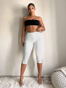 SHEIN SXY 女款波點印花高腰開衩七分褲 - 黑與白 - 查看 5