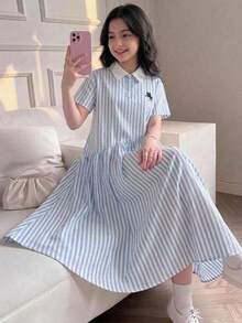 SHEIN 青少年女孩休閒舒適襯衫領撞色條紋素色洋裝，返校季公主風洋裝 - 藍色 - 查看 2