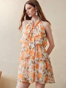 Zanirela Orange Rose Floral Print Halter Neck Tie Dress, Cold Shoulder Sleeveless Tiered Ruffle Hem, Slim Fit Flattering Sweet Vacation Style Mini Dress - Multicolor - View 7