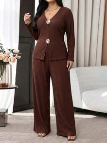 Modelyn Plus Size Women's Metal 3D Floral Decor Long Sleeve Top And Wide Leg Pants Elegant 2-Piece Set - Coffee Brown - View 6