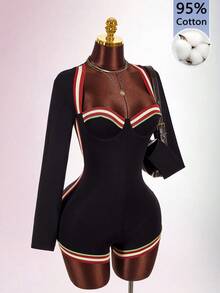 Amplova Underwire Cup Detail Fitted Long Sleeve Square Neck Flat Knit Colorful Mini Jumpsuit - Black - View 1