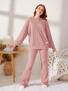 SHEIN Teen Girl Woven Label Knitted Fuzzy Ribbed Hoodie Autumn Top And Flared Long Pants Casual 2 Pieces Set - Pink - View 6