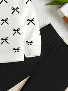SHEIN Leap Crew 2 件套青少年女孩休闲蝴蝶结装饰圆领舒适长袖运动衫和紧身裤套装，适合秋冬季 - 彩色 - 查看 5