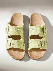 Solecia Summer Women's Fashion Casual Belt Rhinestone Rough Edge Design, Adjustable Buckle Daily Beach Vacation Sandals - grass green - View 5