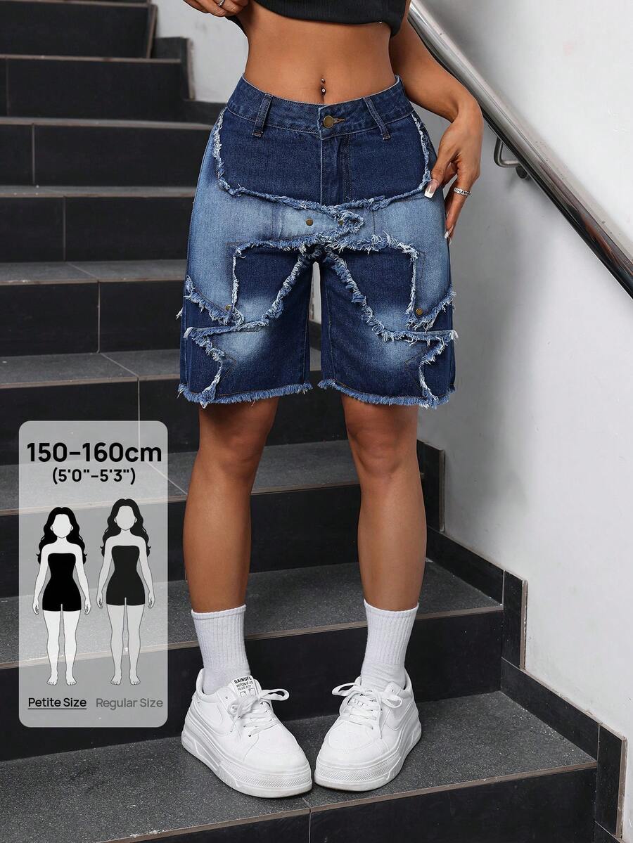 SHEIN PETITE 女款休閒簡約牛仔短褲,適合嬌小女性 - 藍色 - 查看 1