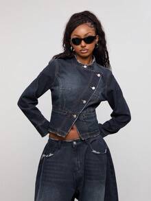 COUREZ Asymmetric Front Military Denim Jacket, Y2K Autumn Fall Going Out Festival Concert Lightweight Drummer Jacket , Fall Winter For Women - Dark Wash - View 5