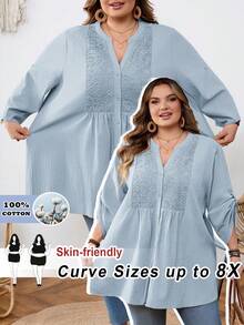 SHEIN CURVE+ Curve 尺码 US22 音乐节、海滨度假、波西米亚风休闲纯色蕾丝拼接前扣宽松衬衫 - 藍色 - 查看 1
