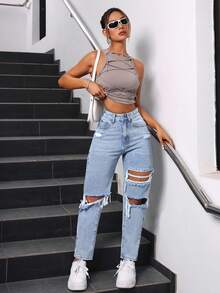SHEIN PETITE Women's Distressed Solid Color Washed Fashionable Ripped Denim Jeans, Summer ,Petite Women - Light Wash - View 4