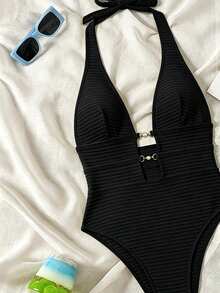 Springbreak Swim SXY 女款黃色羅紋提花面料鏤空深背V領掛脖高衩連身泳衣，性感休閒海灘度假、泳池派對、溫泉、海灘穿搭、波希米亞風節慶 - 黑色 - 查看 5