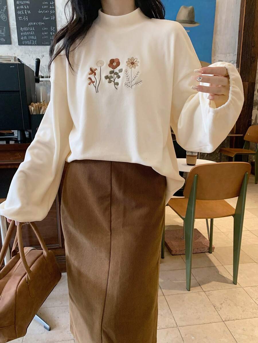 FRIFUL 女士休闲花卉刺绣立领T恤,秋冬高领衫 - 杏色 - 查看 1