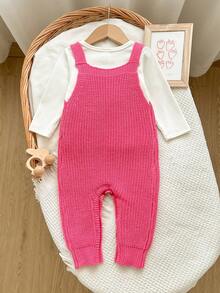 SHEIN Baby Girls Newborn Knitted Romper, Crawler Suit, Rose Pink, Exquisite Embroidery, 3D Flower Decoration, Cute Elegant Luxurious, Can Be Paired With T-Shirt - Hot Pink - View 2