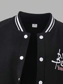 SHEIN Explorewe Streecool 青少年女孩秋冬休閒舒適時尚設計日常百搭字母與娃娃圖案棒球夾克 - 黑與白 - 查看 7