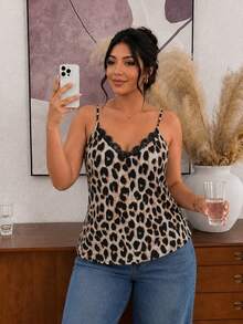 Lounesse 大码女式 V 领蕾丝拼接豹纹性感优雅约会派对时尚夏季波西米亚风吊带背心 - 彩色 - 查看 2