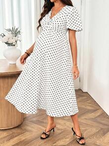 SHEIN Maternity V-Neck Pleated Polka Dot Casual Daily Wear Dress - White - View 3