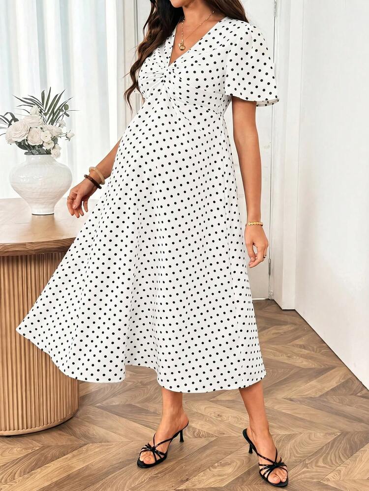 SHEIN Maternity V-Neck Pleated Polka Dot Casual Daily Wear Dress - White - View 3