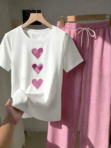 Muvela 2pcs Set Embroidered Round Neck Short Sleeve Top And Striped Print Pants, Casual - Pink - View 6