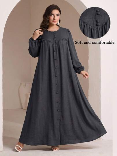 Veilorie Plus Size Women's Button Pleated Elegant Asean Casual Modest Arabian Dress Holiday Office Formal Baptism Formal Baptism Gray Autumn
