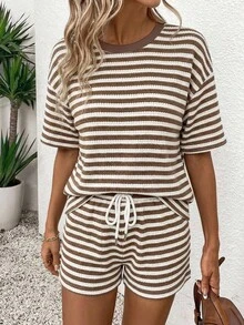 SHEIN LUNE Women's Knit White And Brown Textured Fabric Versatile T-Shirt Shorts 2 Pieces Set Beach Summer Casual - Multicolor - View 3