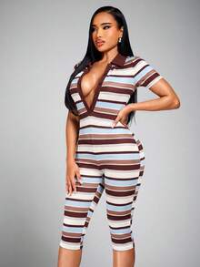 Radiana Women's Summer Casual Minimalist Fashion Commuter Style Fitted Jumpsuit, Short Sleeve Black And White Striped POLO Collar Cropped Jumpsuit, Fitted Capri Pants, Knitted High Elastic Slim Fit Jumpsuit, Casual Jumpsuit, Suitable For Daily Casual Outings, Urban, Commuting, Office, Professional Wear, Casual Wear, Vacation, Holiday Travel Clothing - Multicolor - View 6