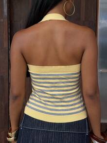 SHEIN BAE Contrast Color Striped Halter Neck Cropped Slim Fit Sexy Women's Sweater - Butter Yellow - View 2