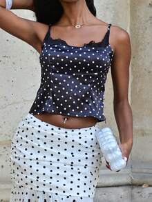 Mima John Women's Sexy Black Lace Trim Collar Black & White Polka Dot Pattern Bodycon Camisole Casual Summer - Black - View 3