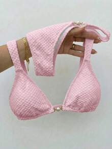 Swim Mod Solid Color Fabric Pearl Accessory Linked, Elegant Sexy Women's Swimwear Set Beach Party Pink Summer - Pink - View 3