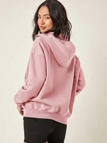 SHEIN BASICS Cozy Fleece Drop Shoulder Zipper Up Hooded Sweatshirt Long Sleeve Tops Fall Back-To-School Light Pink Casual Athleisure Gym Workout Black - Pink - View 3