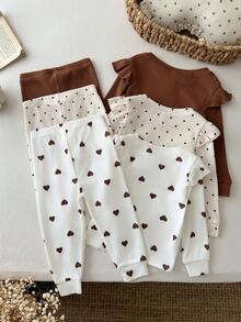 LMoss Kids Baby Girl Knitted Heart Pattern Round Neck Ruffle Trim T-Shirt And Long Pants 6-Piece Set - Multicolor - View 2