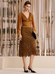Arave Women's Top Slim Fit Chiffon Patchwork V-Neck Ruched Flowy Split Wide Sleeves Elegant Mature Camel Solid Blouses Brunch Tea Party Summer - Brown - View 4