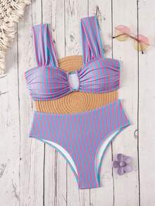 Swim Mod Springbreak 女款夏季新款隨機印花多色V領雙肩帶甜美花卉圖案度假比基尼套裝 - 彩色 - 查看 4
