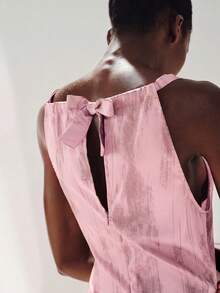 Frievida Purple Gradient Brushstroke Textured Satin Ruched Waist Spaghetti Strap Sleeveless Dress Minimalist Tropical European Elegant Commute Party Vacation - Pink - View 7