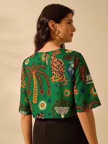 CAJUNI Women's Boho Tropical Animal & Plant Colorful Print, Vacation Casual Summer Crop Top - Dark Green - View 2