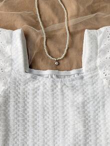 SHEIN 兒童青少年女孩休閒度假居家拼接刺繡蕾絲飾邊紋理針織修身短版方領T恤上衣 白色 - 白色 - 查看 5