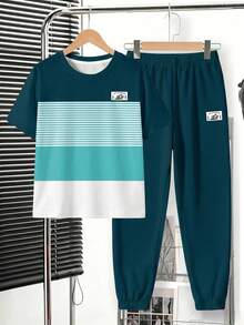 Tween Boy Casual Comfortable Fashion Minimalist Crew Neck Short Sleeve T-Shirt And Long Pants Set, Classic Cool Striped Pattern Print, Color Block Pattern Print, Exquisite Coconut Tree Small Logo Pattern Print, Suitable For Spring And Summer - Multicolor - View 2