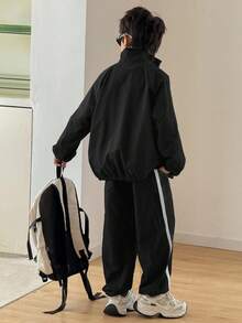 SHEIN 兒童青少年男孩休閒風寬鬆運動戶外拉鍊領夾克外套與長褲兩件套，適合秋冬，休閒運動風 - 黑色 - 查看 3