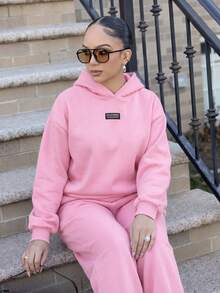Melissa Matos 女款休閒寬鬆保暖內裡連帽衫與運動褲套裝，粉紅色，秋冬季，舒適優雅的秋冬女裝 - 粉色 - 查看 5