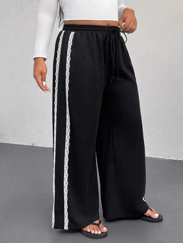 Shapeblank Plus Size Women's Spring/Autumn Fashion Casual Loose Elastic Comfortable Daily All-Match Versatile Slimming Lace Trim Elastic Waist Black Wide Leg Pants, Sweatpants, Women's Bottoms, Autumn Pants, Streetwear