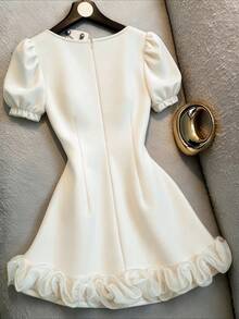 GlowEve Women's French Square Neck Petal Sleeve 3D Lace Hem Cinched Waist Minimalist Dress, Elegant Commuter Style For Spring/Summer - Pearl White - View 2