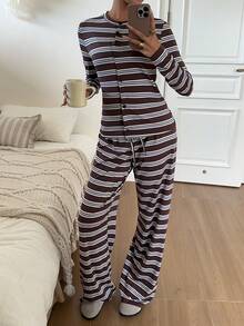 SHEIN EZwear 女款棕色條紋細肩帶背心、長褲與開襟衫休閒法式日常居家居家服旅行套裝，適合秋季早午餐旅行 - 彩色 - 查看 4