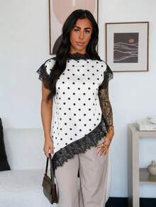 SAYEHFBABY 女款白色黑波點蕾絲緞面上衣，優雅不對稱下擺襯衫，適合夏季用餐、辦公穿著與長途度假 - 黑與白 - 查看 5