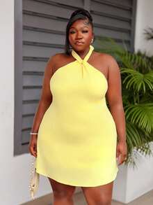 CurvyTilda Plus Size Elegant Solid Color Halter Backless Dress, Summer - Yellow - View 4