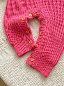 SHEIN Baby Girls Newborn Knitted Romper, Crawler Suit, Rose Pink, Exquisite Embroidery, 3D Flower Decoration, Cute Elegant Luxurious, Can Be Paired With T-Shirt - Hot Pink - View 3