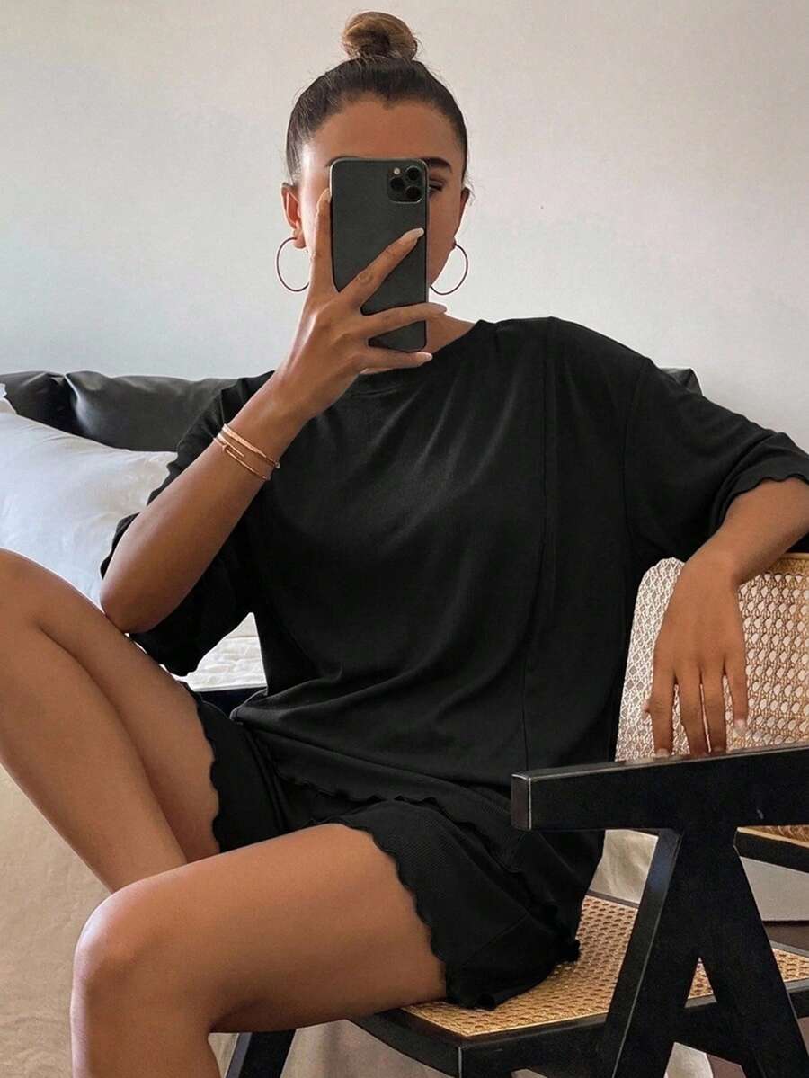 DAZY Solid Color Loose Short Sleeve T-Shirt And Short Pajama Pants 2pcs Set, Summer Wear Women's Loungewear Outfit - Black - View 1