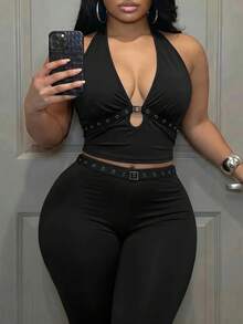 Slaydiva New Spring/Summer Women's Plus Size Two Pieces Set Sexy Halter Neck Top With Eyelet Webbing Flared Pants Pantsuit Suspender Top Set Solid Black - Black - View 1