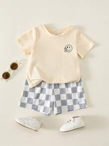 SHEIN 中性嬰兒男/女童 幼兒 2件組 春夏休閒時尚短袖T恤套裝 街頭風 嬰兒套裝 - 灰色 - 查看 3
