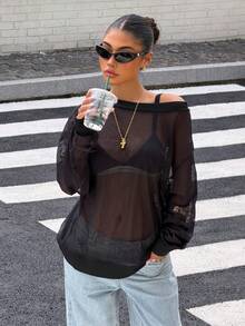 Muchica Women's Solid Color Asymmetric Shoulder Casual Versatile Everyday Sweatshirt - Black - View 6