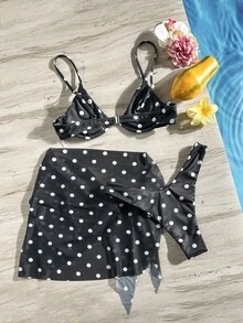 Swim SXY 女款夏季海灘純色波點細肩帶比基尼上衣與三角褲兩件式泳衣套裝，附迷你裙 - 黑與白 - 查看 4