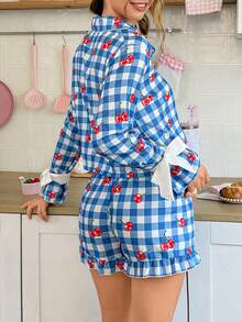 SweetSlumber Conjunto de Pijama Feminino Doce e Fofo Estilo Ins com Estampa Xadrez de Cereja, Frente Aberta e Textura Bubble Crinkle - Multicolorido - Visão 2